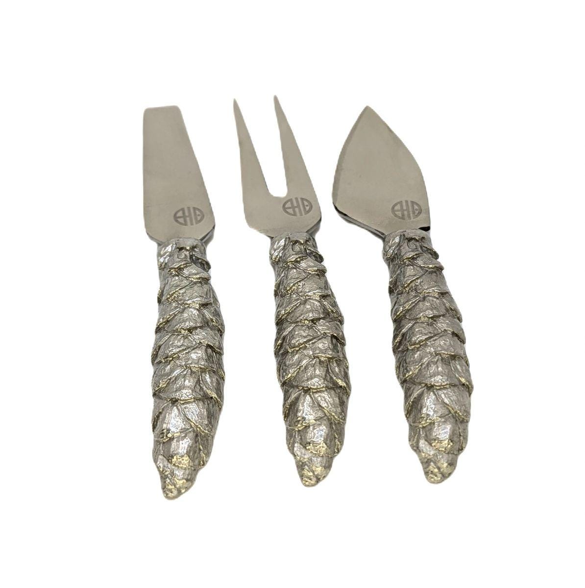 Pinecone Cheese Knife Fork and Spreader Set, Handcrafted Pewter, Nature Inspired, Special Gift