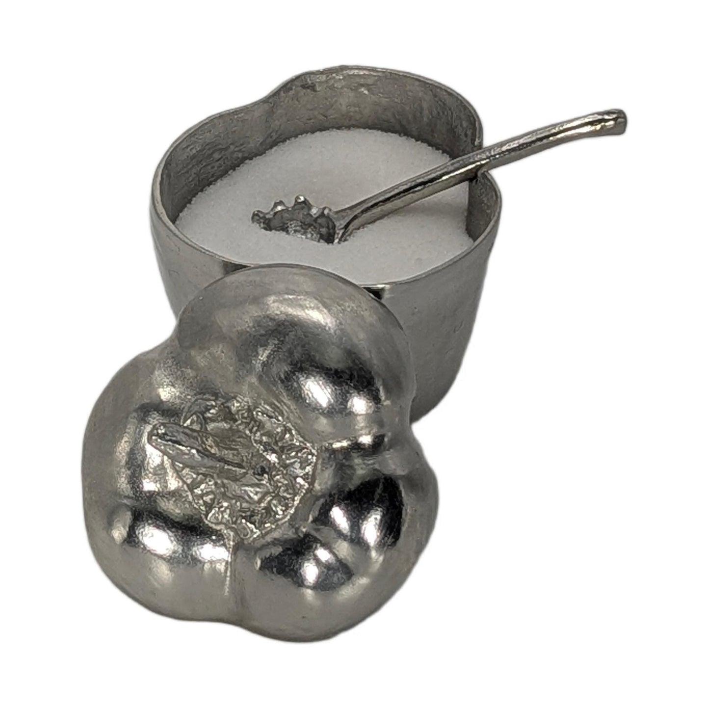 Handcrafted Pewter Salt Cellar Bell Pepper Spice Bowl with Spoon, Nature Inspired Table Decor