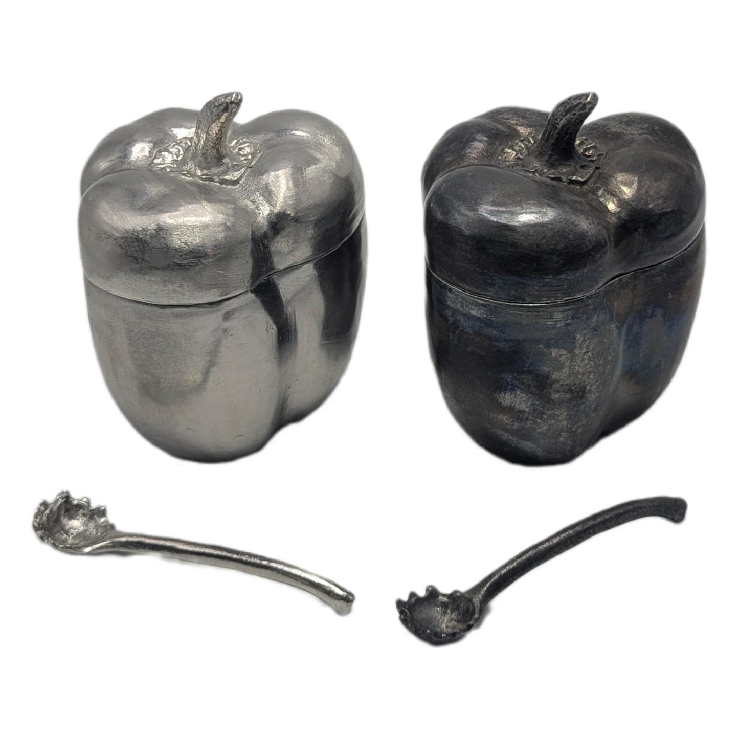 Handcrafted Pewter Salt Cellar Bell Pepper Spice Bowl with Spoon, Nature Inspired Table Decor