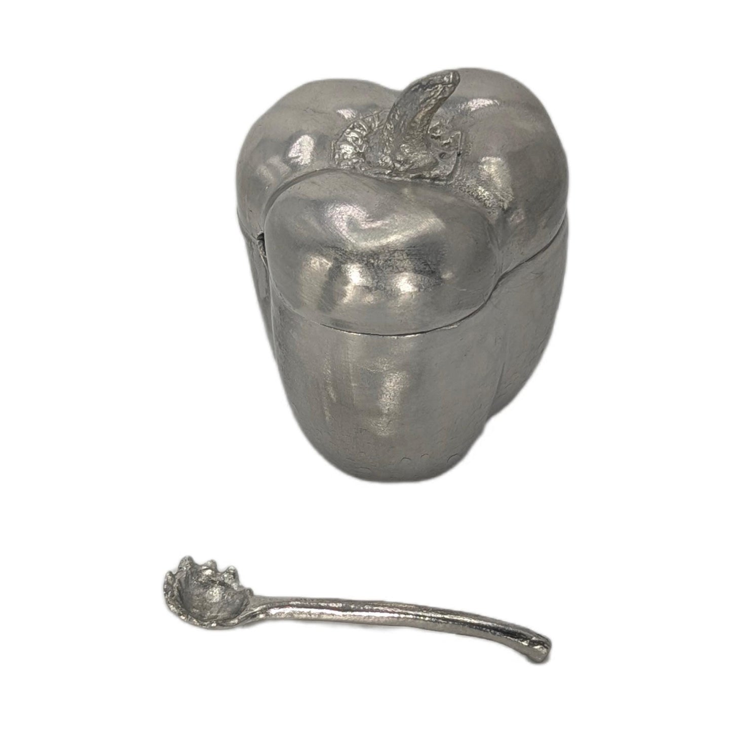 Handcrafted Pewter Salt Cellar Bell Pepper Spice Bowl with Spoon, Nature Inspired Table Decor