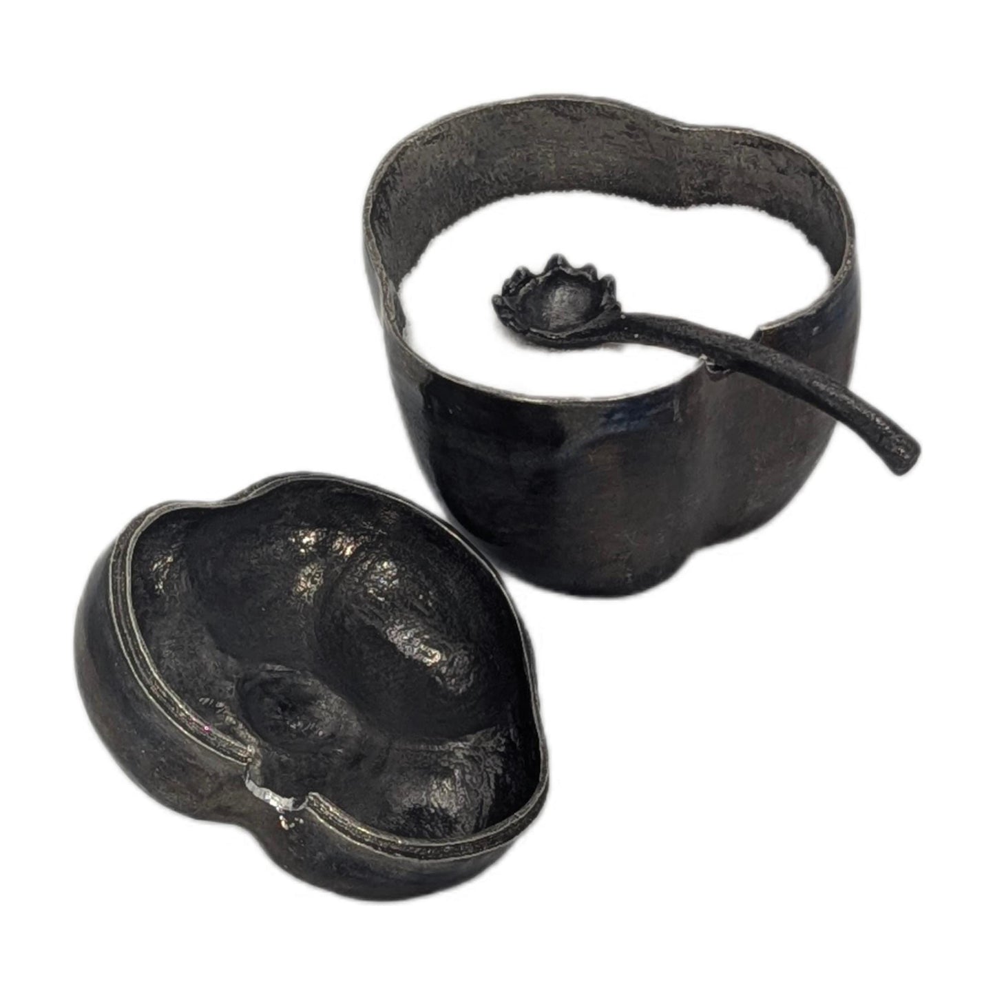 Handcrafted Pewter Salt Cellar Bell Pepper Spice Bowl with Spoon, Nature Inspired Table Decor