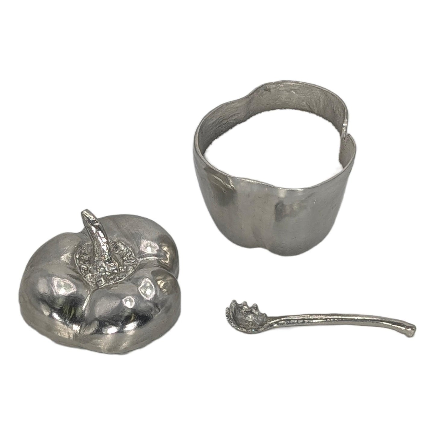 Handcrafted Pewter Salt Cellar Bell Pepper Spice Bowl with Spoon, Nature Inspired Table Decor