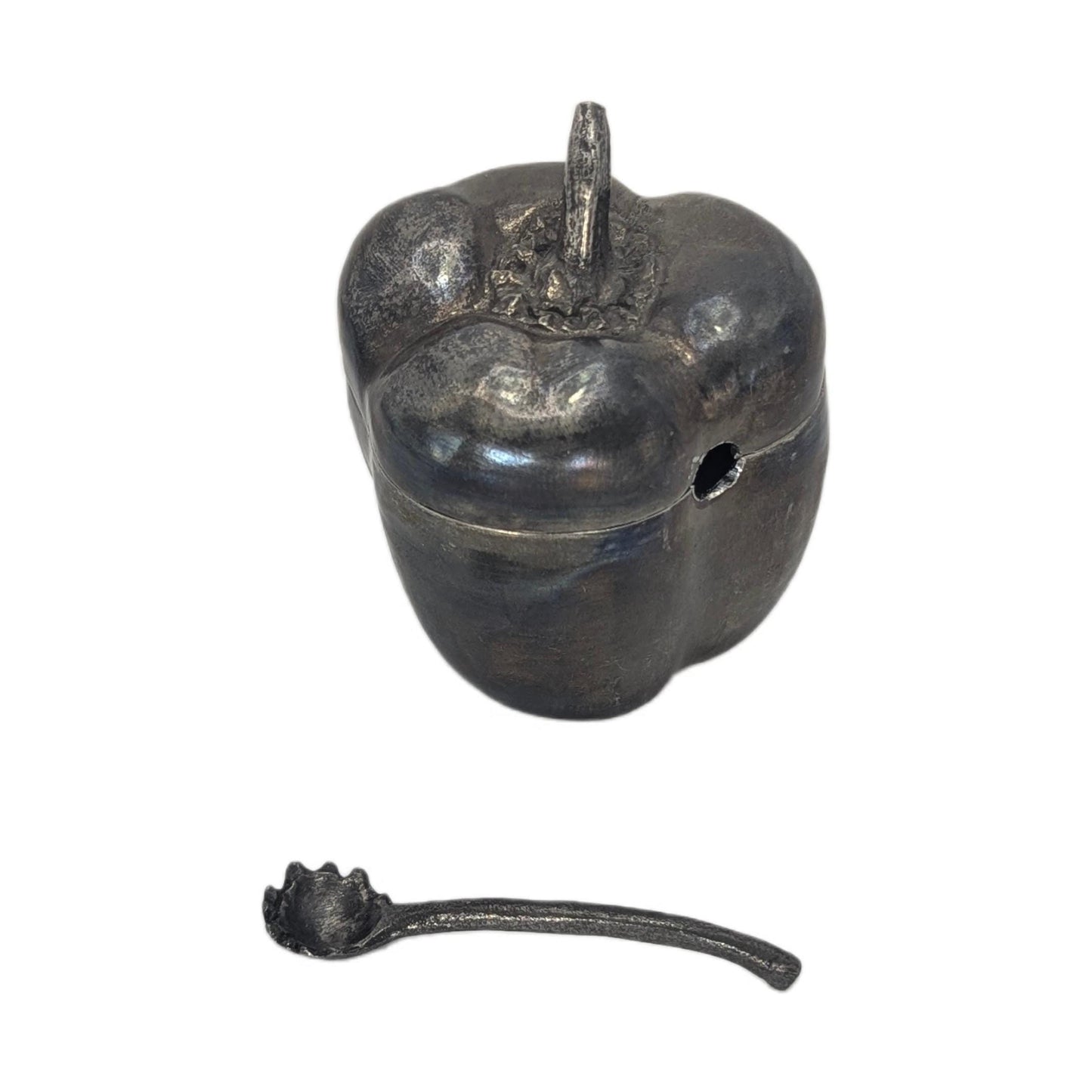 Handcrafted Pewter Salt Cellar Bell Pepper Spice Bowl with Spoon, Nature Inspired Table Decor