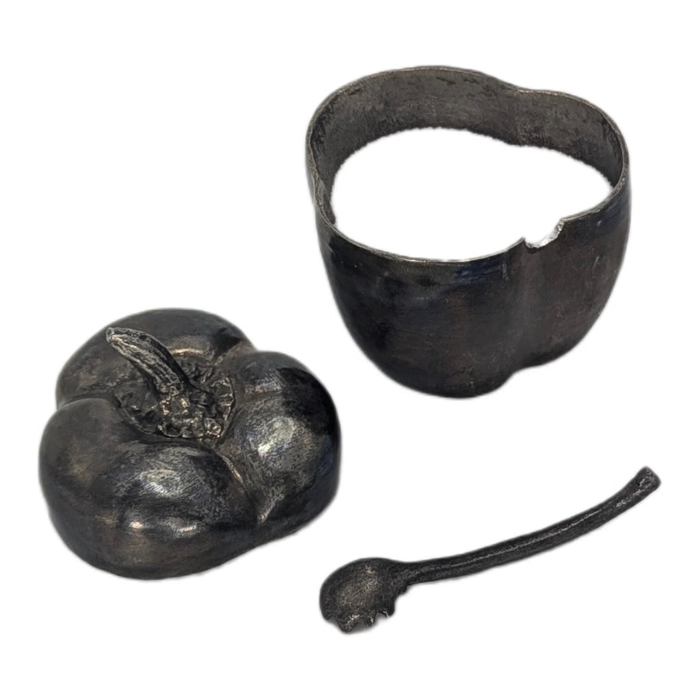 Handcrafted Pewter Salt Cellar Bell Pepper Spice Bowl with Spoon, Nature Inspired Table Decor
