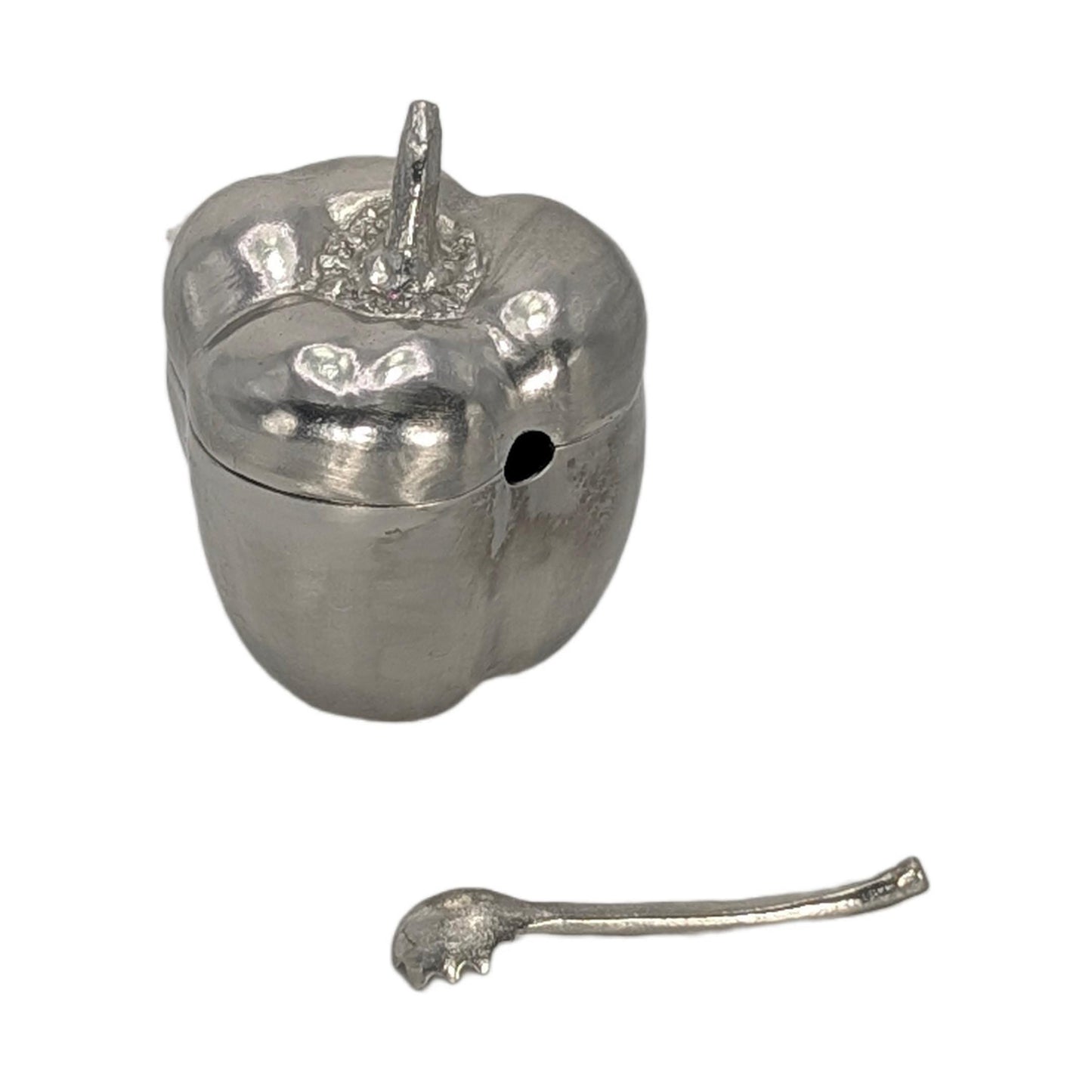 Handcrafted Pewter Salt Cellar Bell Pepper Spice Bowl with Spoon, Nature Inspired Table Decor