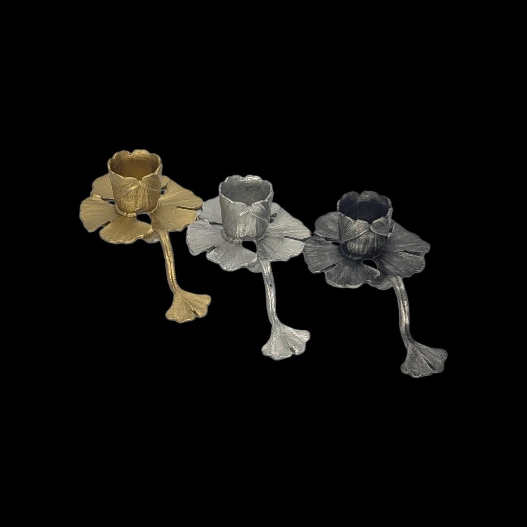 Ginkgo Stylish Minimalist Pewter Taper Candle Holder Inspired by Nature