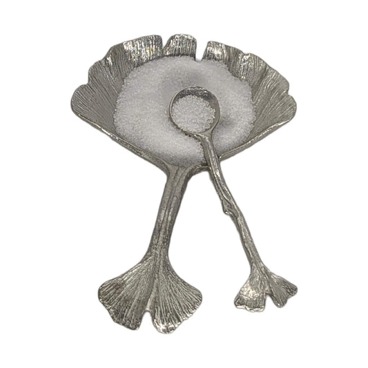 Ginkgo leaf salt cellar with lid, handcrafted pewter, nature inspired