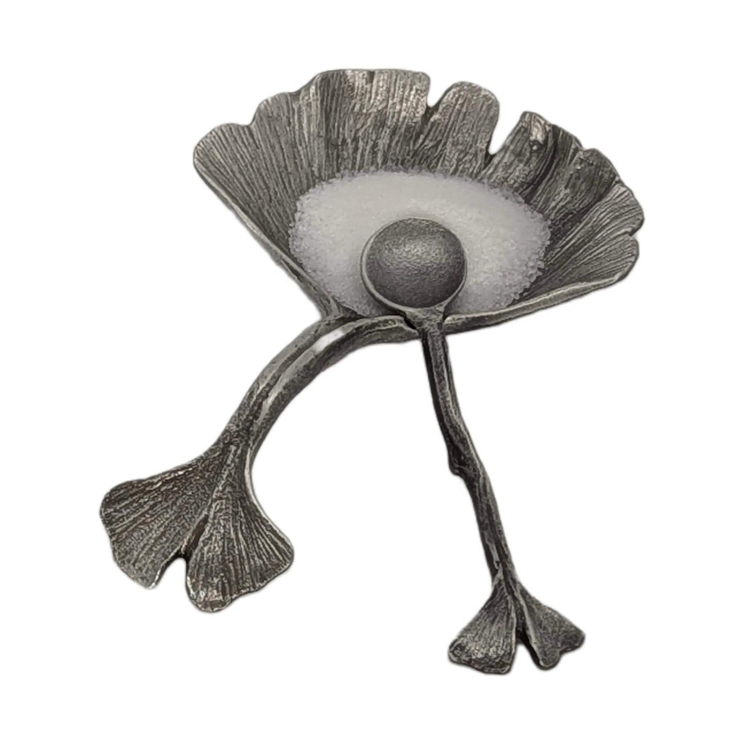 Ginkgo leaf salt cellar with lid, handcrafted pewter, nature inspired