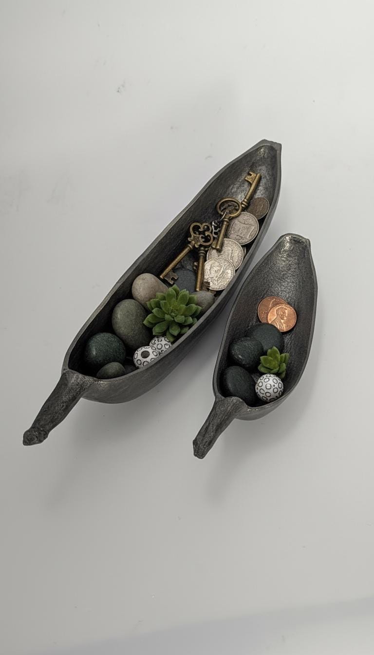 Botanical Pewter Trinket Set, Handcrafted Banana Bowls, Tropical Decor
