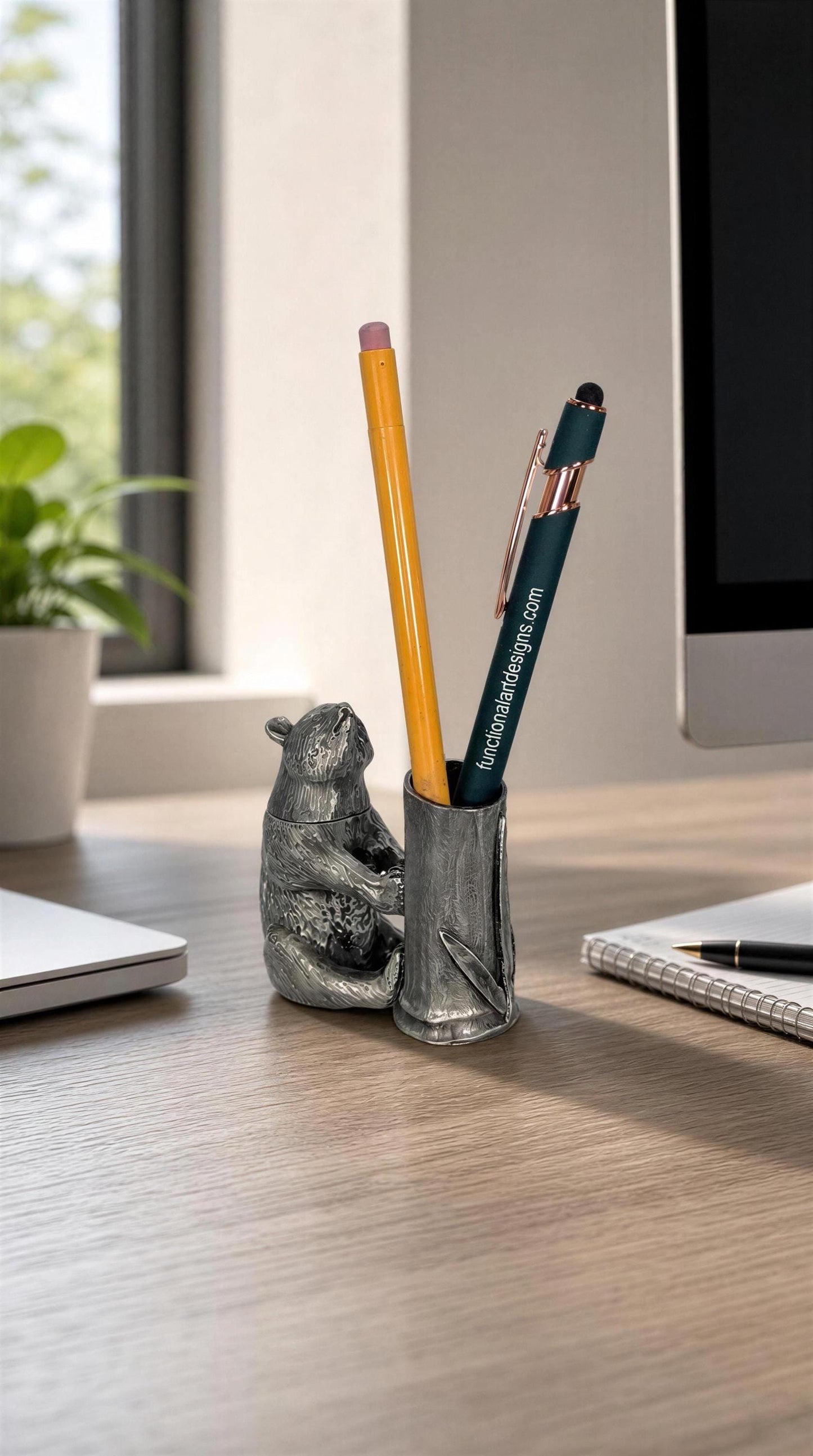 Handcrafted Giant Panda Bamboo Unique Pewter Pen Holder & Hideout Box, Desk Decor