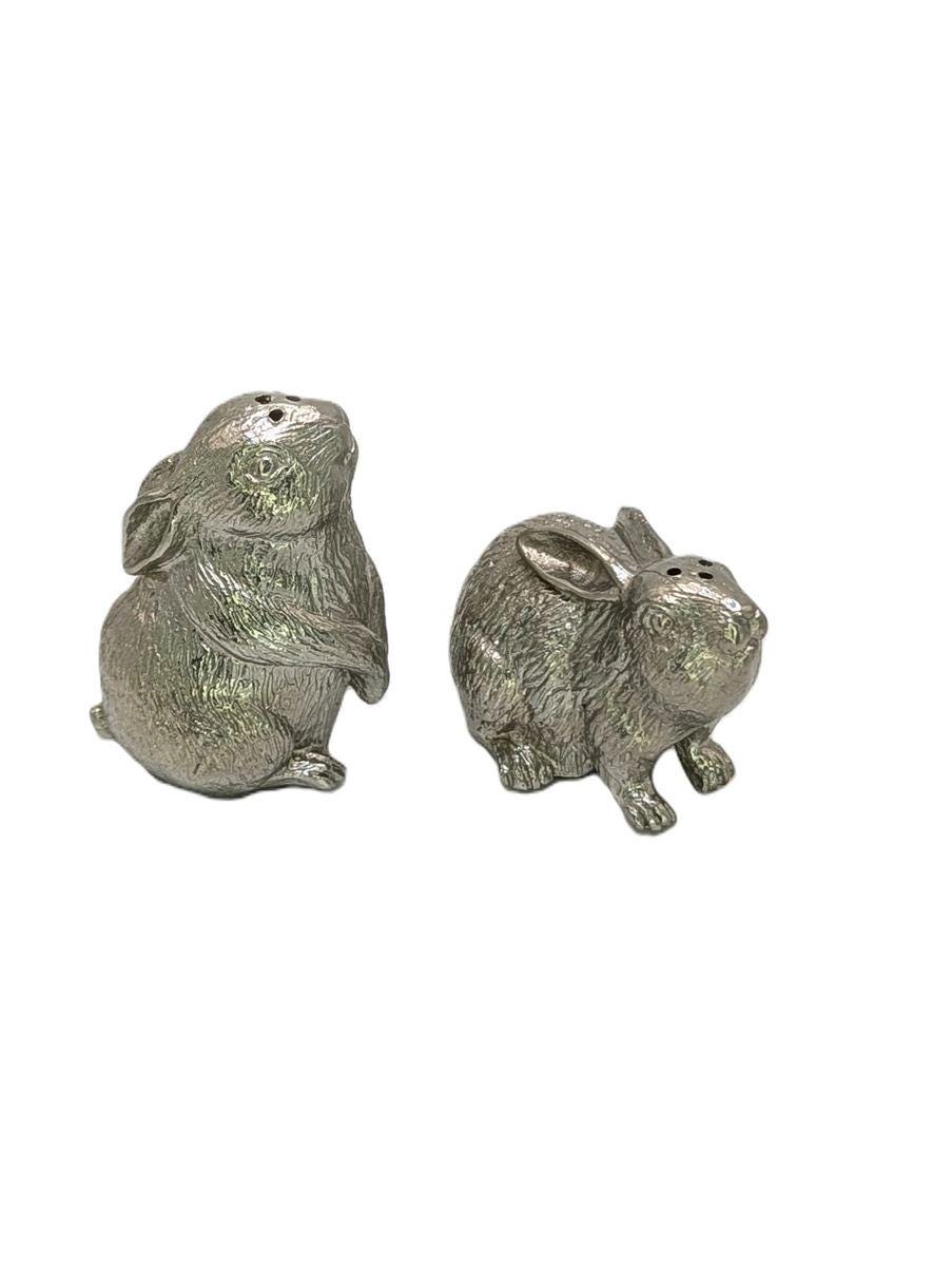 Rabbits Couple Miniature Pewter Salt & Pepper Shakers Set Collectible Table Decor