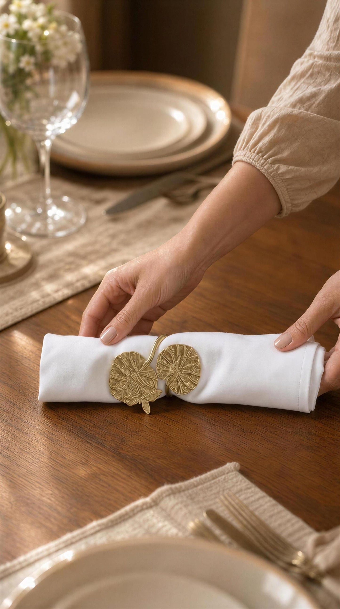 Water Lily Napkin Rings Set of 4, Handcrafted Pewter Holder, Nature Inspired Table Decor