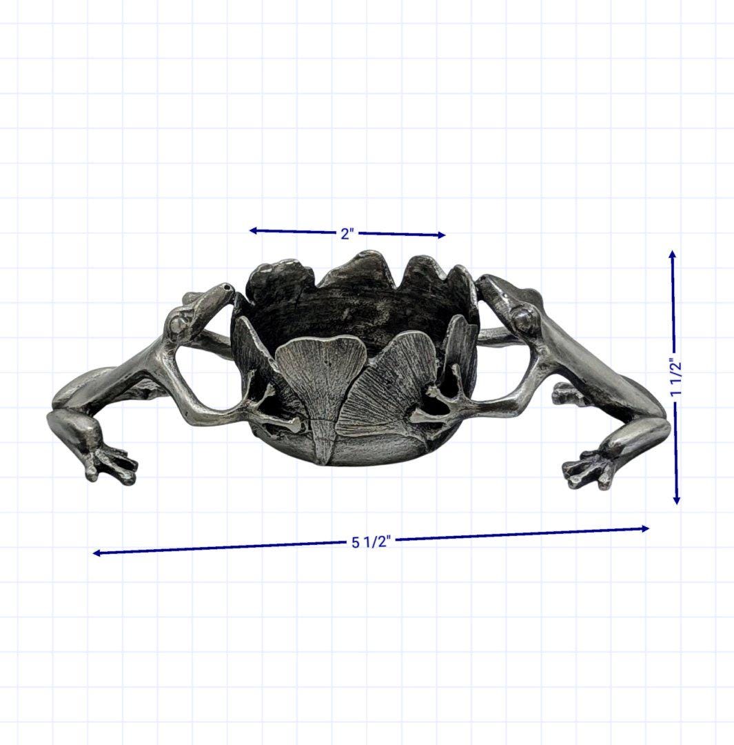Pewter Ginkgo Frogs Tea Light Candle Holder Hand-Cast Table Decor
