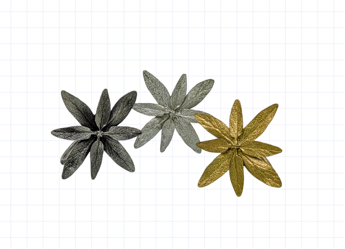 Juego de 4 servilleteros de peltre con diseño de salvia, inspirados en la naturaleza.
