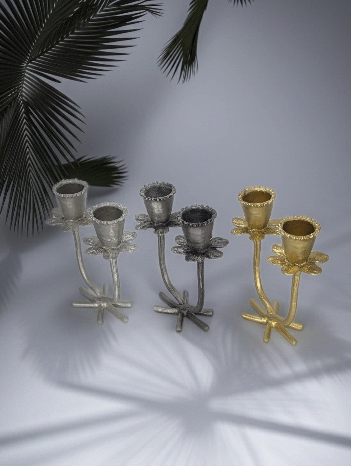 Handmade Daffodil Minimalist Pewter Double Candlestick Holder, Inspired by Nature, Decor