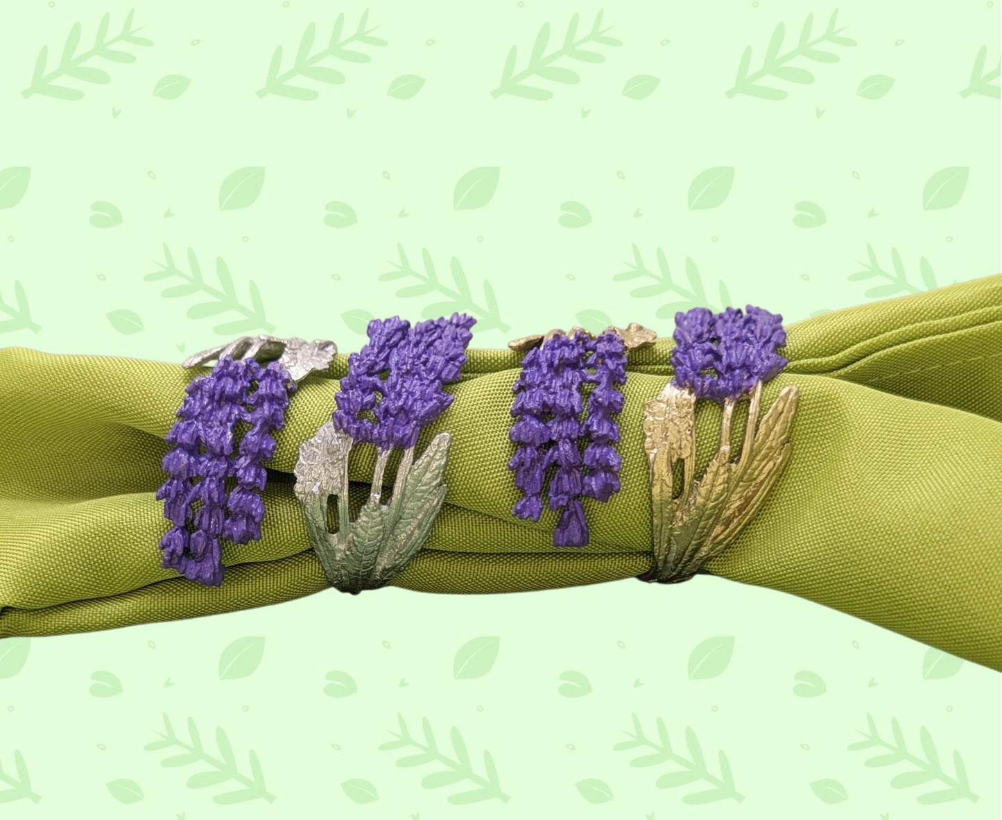 Juego de 4 servilleteros ajustables color peltre lavanda inspirados en la naturaleza.