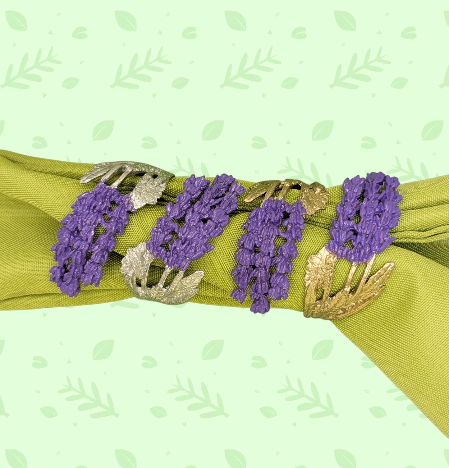 Juego de 4 servilleteros ajustables color peltre lavanda inspirados en la naturaleza.