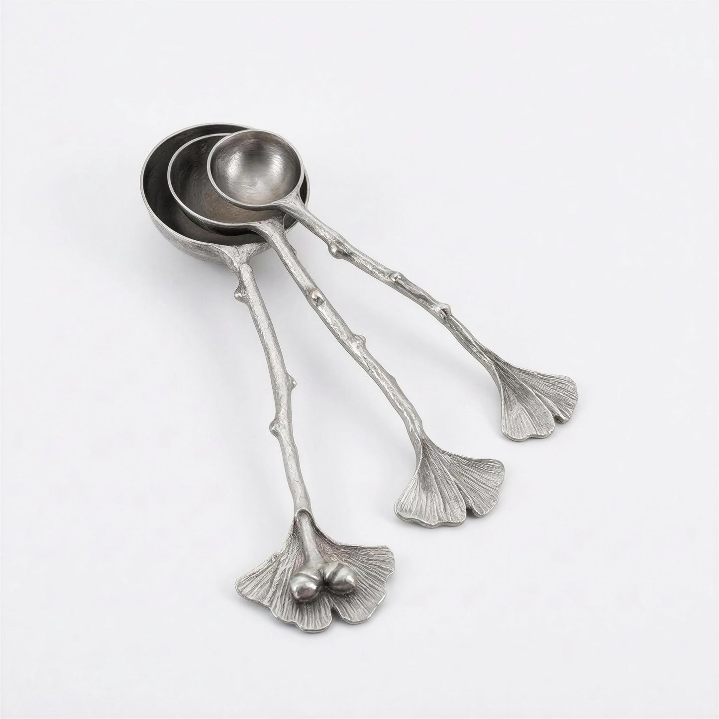 Ginkgo Leaf Measuring Spoons Set of 3, handcrafted pewter, nature inspired Kitchen Decor