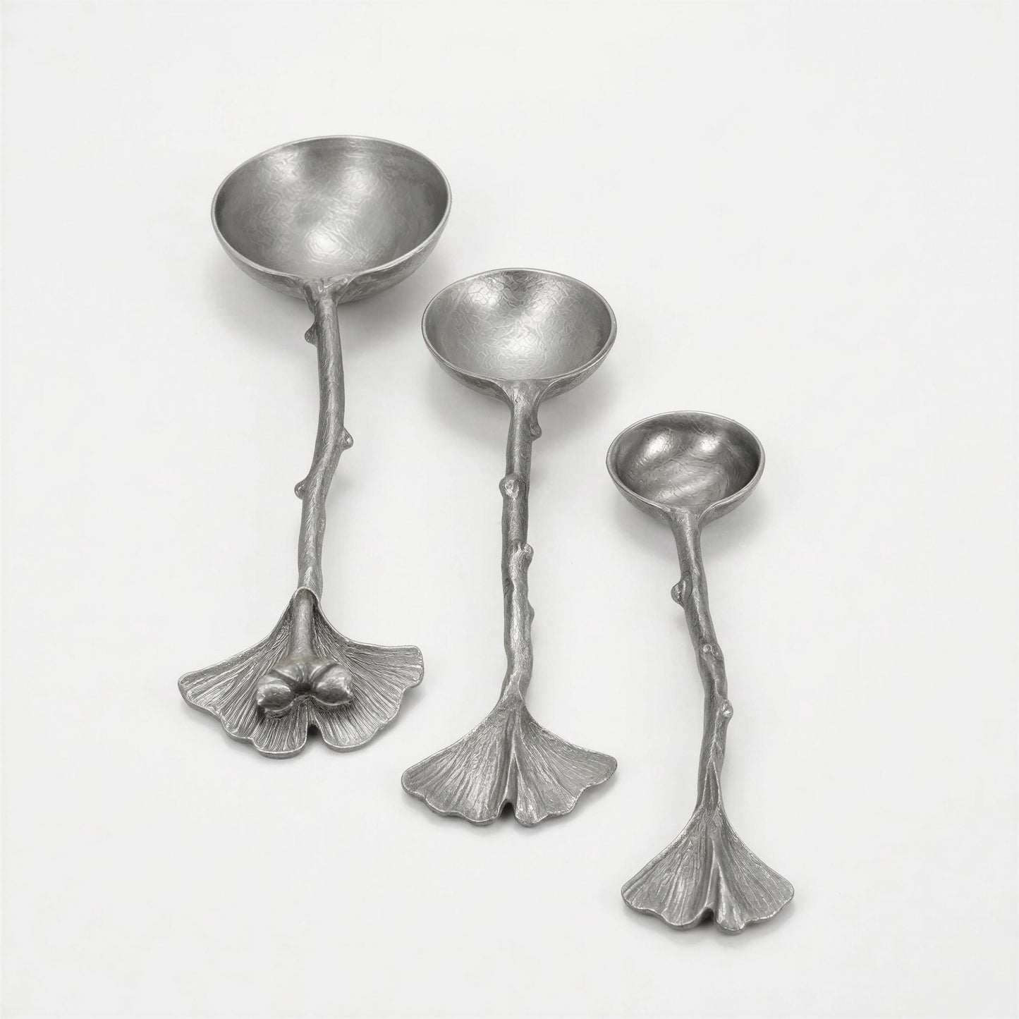 Ginkgo Leaf Measuring Spoons Set of 3, handcrafted pewter, nature inspired Kitchen Decor