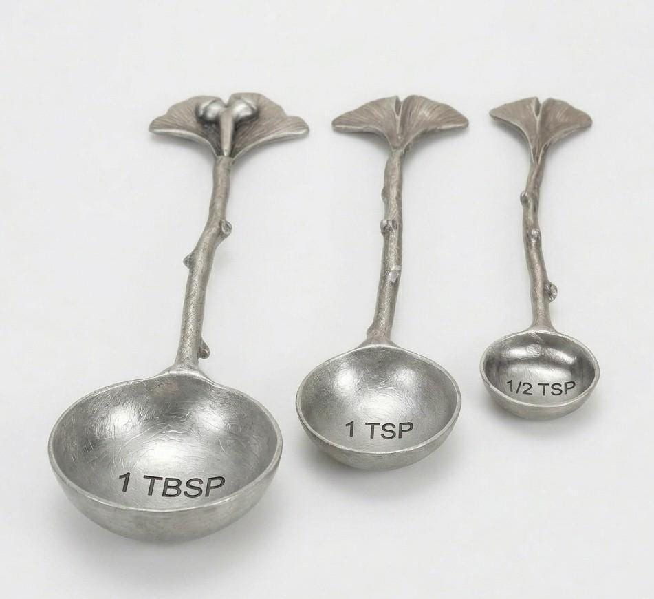 Ginkgo Leaf Measuring Spoons Set of 3, handcrafted pewter, nature inspired Kitchen Decor