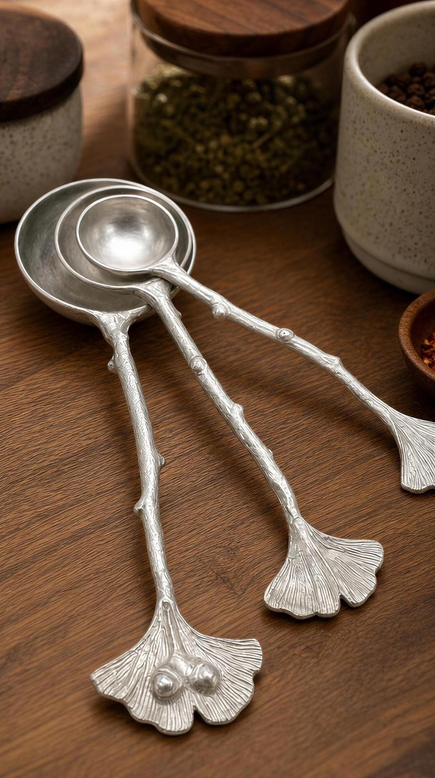 Ginkgo Leaf Measuring Spoons Set of 3, handcrafted pewter, nature inspired Kitchen Decor