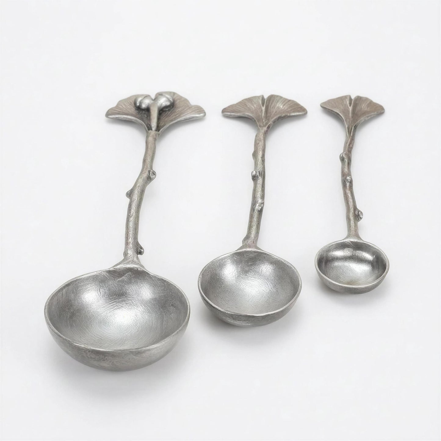 Ginkgo Leaf Measuring Spoons Set of 3, handcrafted pewter, nature inspired Kitchen Decor
