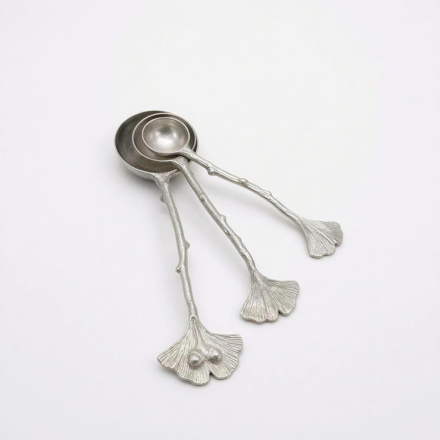 Ginkgo Leaf Measuring Spoons Set of 3, handcrafted pewter, nature inspired Kitchen Decor