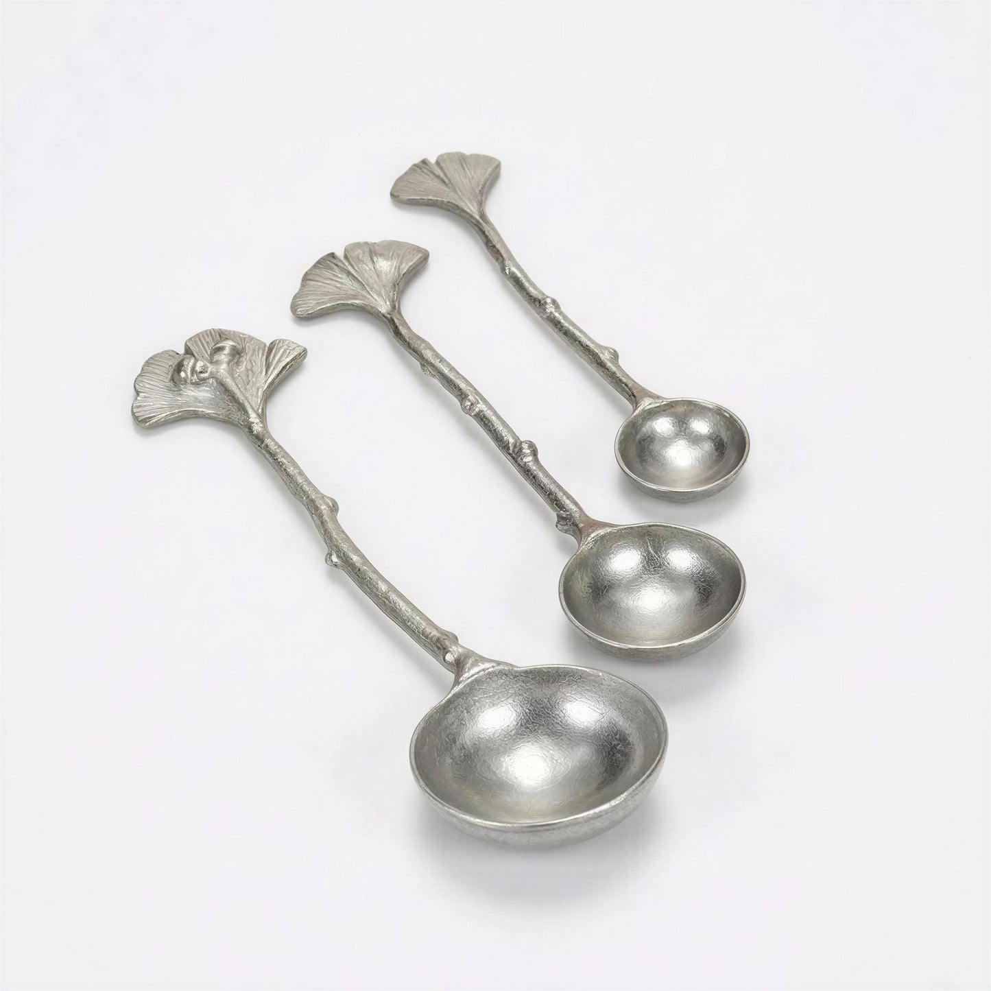 Ginkgo Leaf Measuring Spoons Set of 3, handcrafted pewter, nature inspired Kitchen Decor