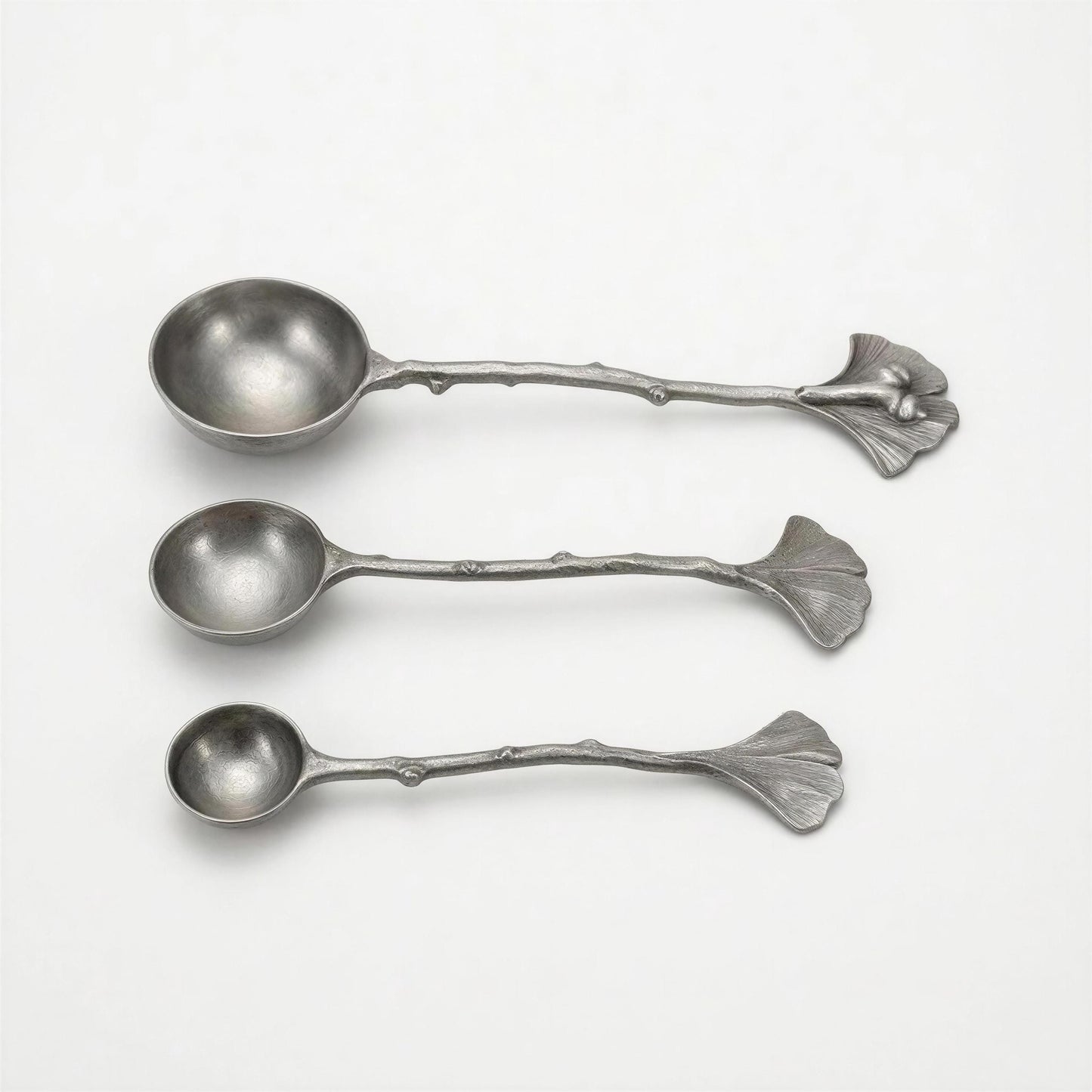 Ginkgo Leaf Measuring Spoons Set of 3, handcrafted pewter, nature inspired Kitchen Decor