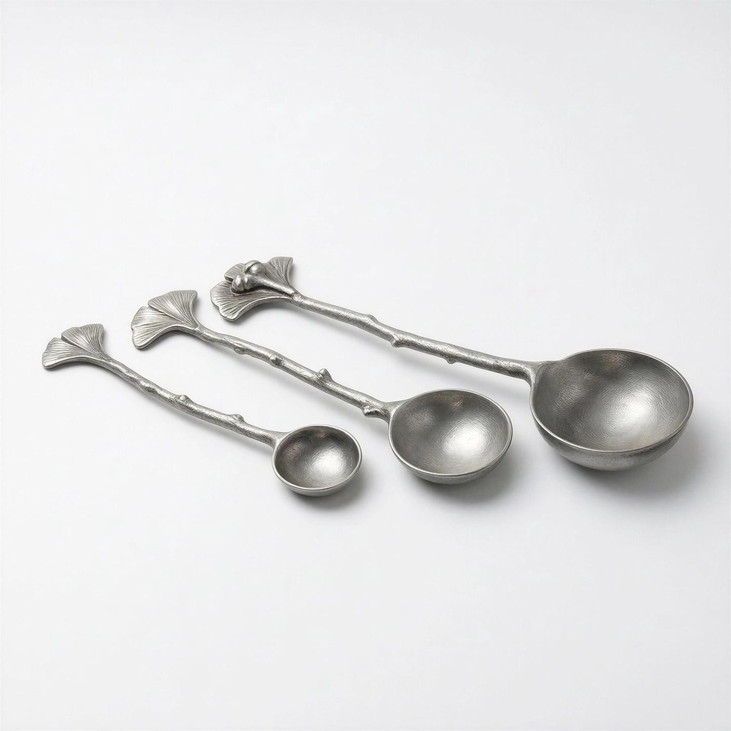 Ginkgo Leaf Measuring Spoons Set of 3, handcrafted pewter, nature inspired Kitchen Decor