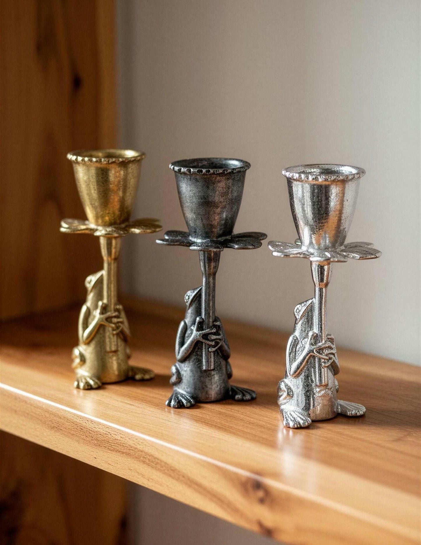 Handmade Pewter Frog Daffodil Candle Holder, Nature Inspired Home Decor