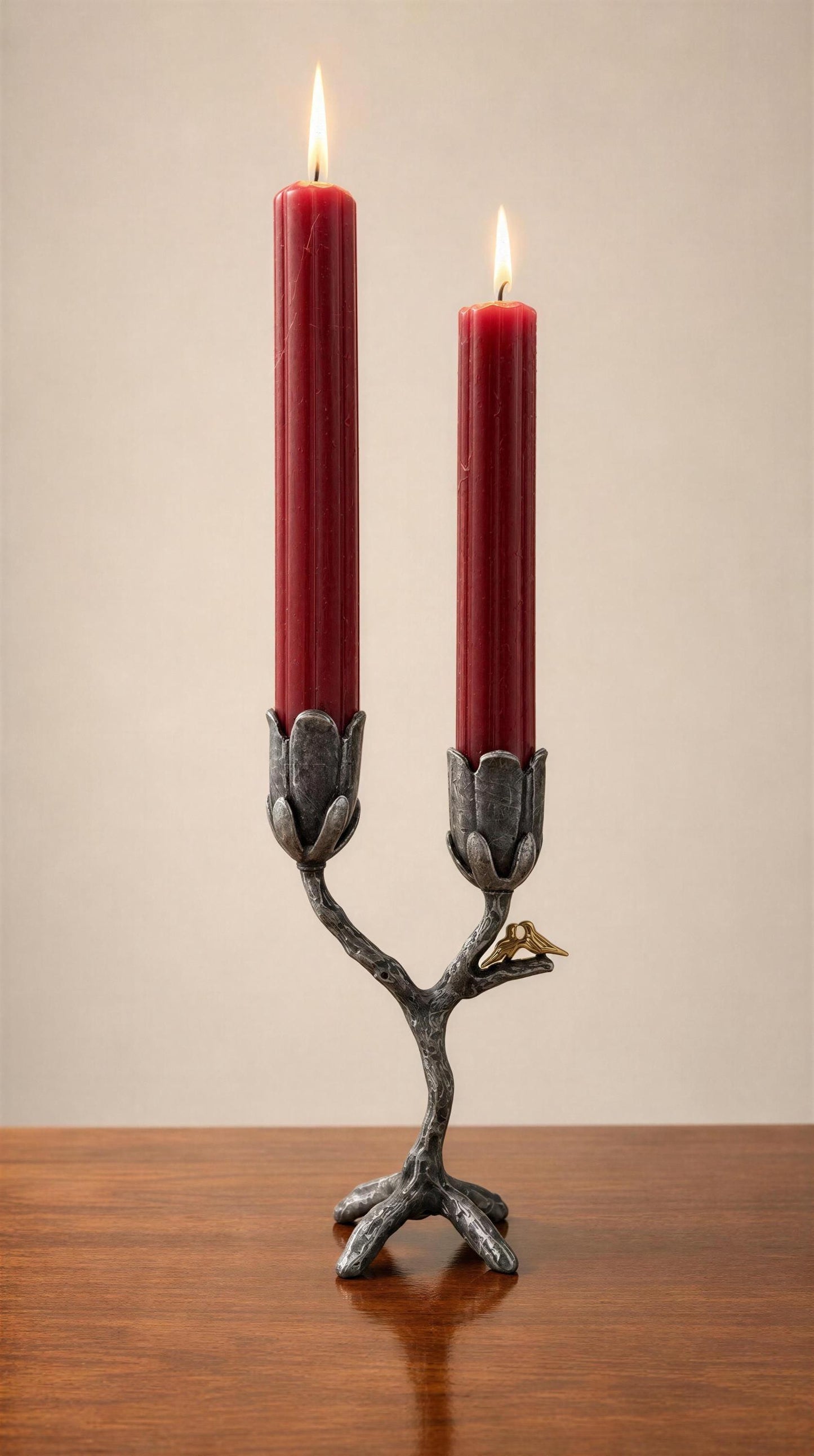 Handcrafted Pewter Tree of Light Candle Holder, Flowers Love Birds, Unique Decor