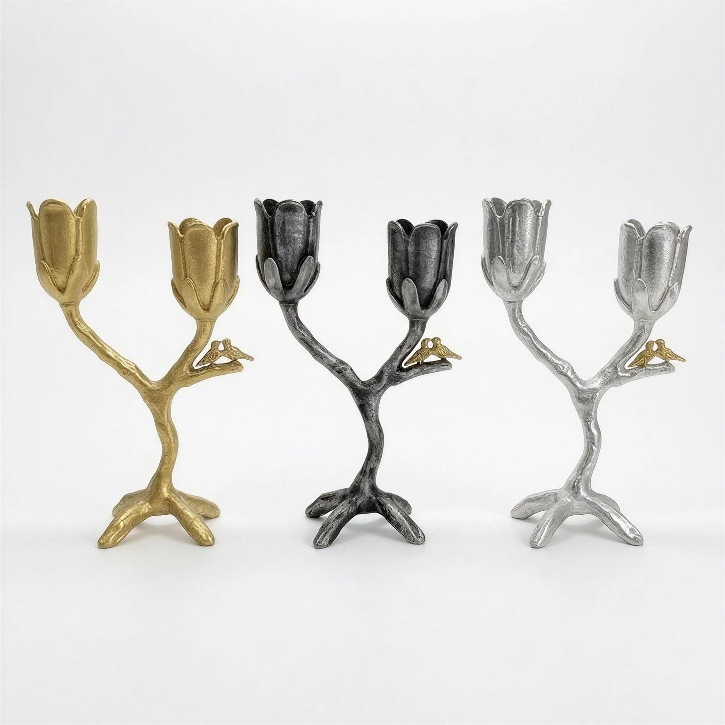 Handcrafted Pewter Tree of Light Candle Holder, Flowers Love Birds, Unique Decor
