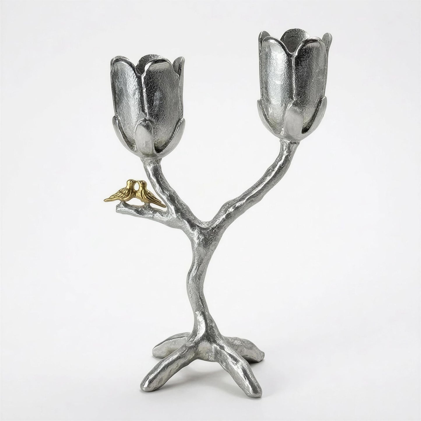 Handcrafted Pewter Tree of Light Candle Holder, Flowers Love Birds, Unique Decor