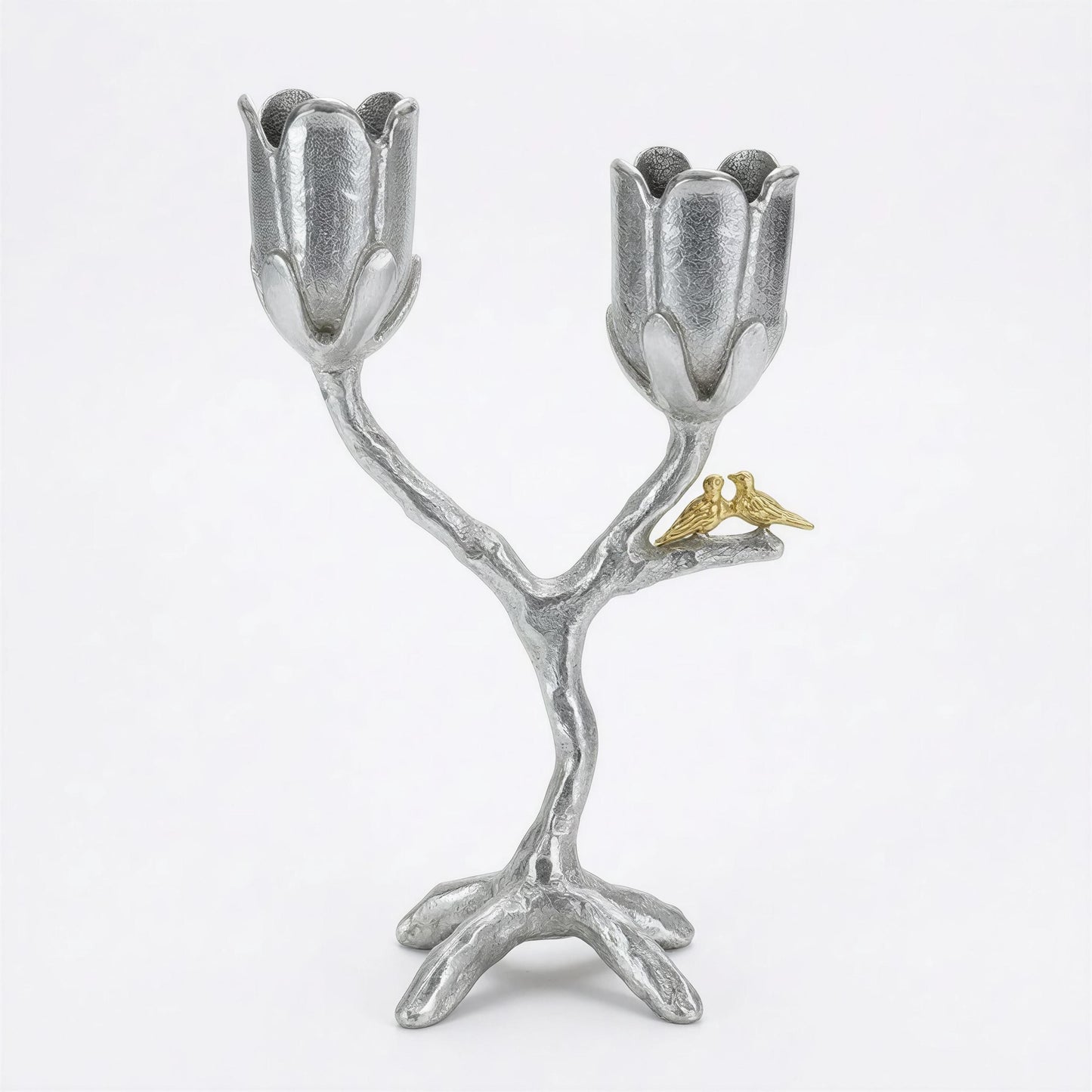Handcrafted Pewter Tree of Light Candle Holder, Flowers Love Birds, Unique Decor