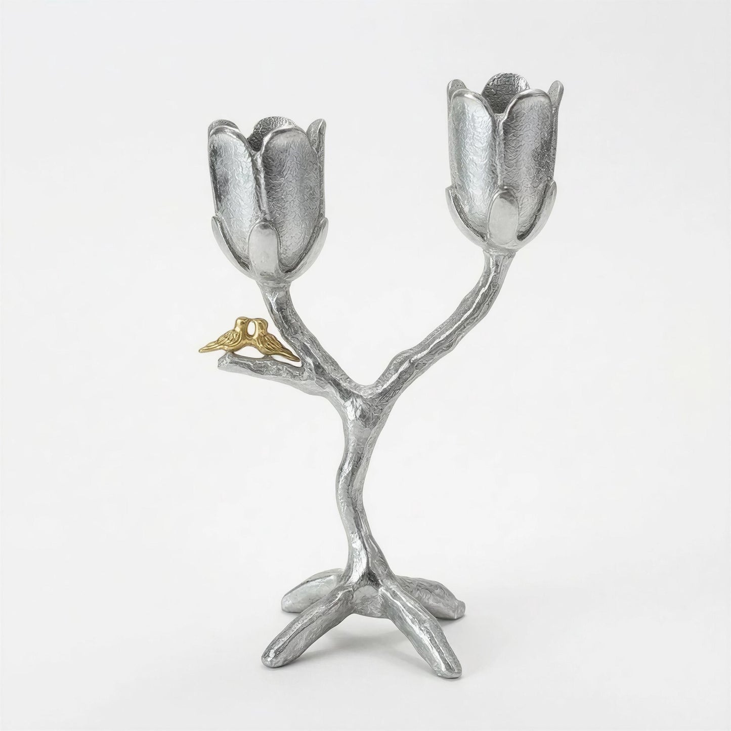 Handcrafted Pewter Tree of Light Candle Holder, Flowers Love Birds, Unique Decor