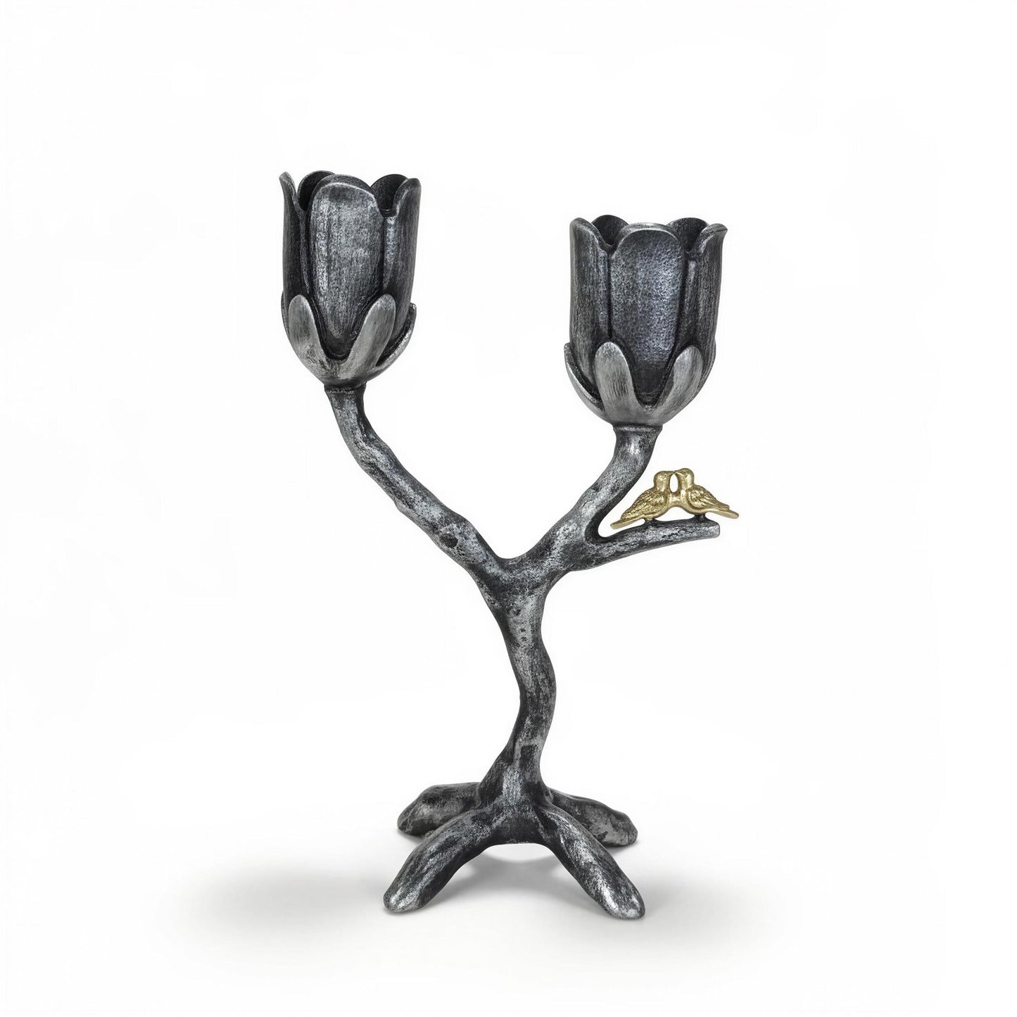 Handcrafted Pewter Tree of Light Candle Holder, Flowers Love Birds, Unique Decor