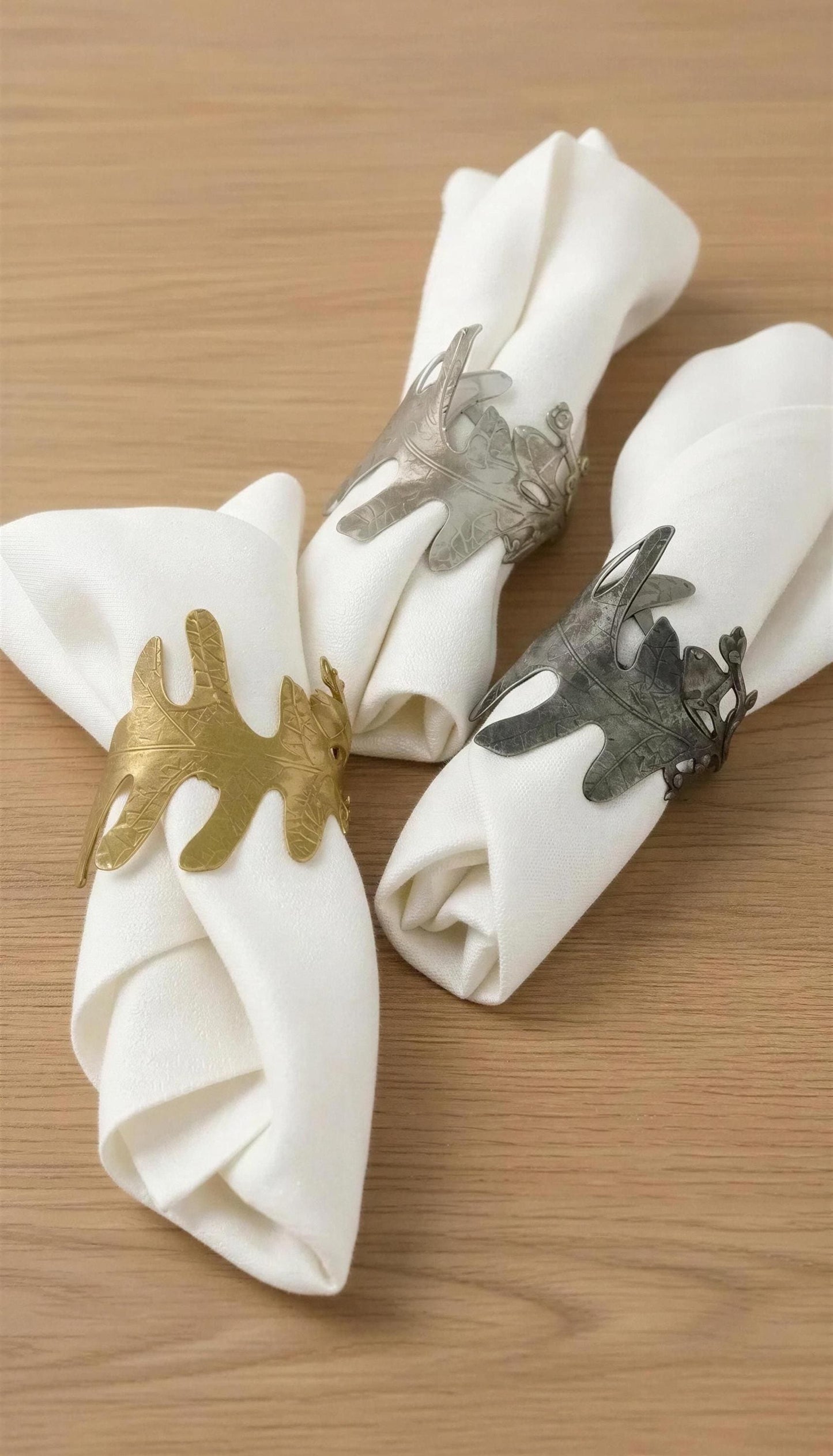 Handcrafted Oak Leaves Pewter Adjustable Napkin Ring, Set of 4, inspired by nature, Table Decor
