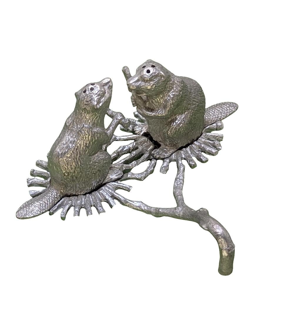 Handcrafted Mini Pewter Beaver Salt & Pepper Shaker Set, Whimsical Wildlife Table Decor