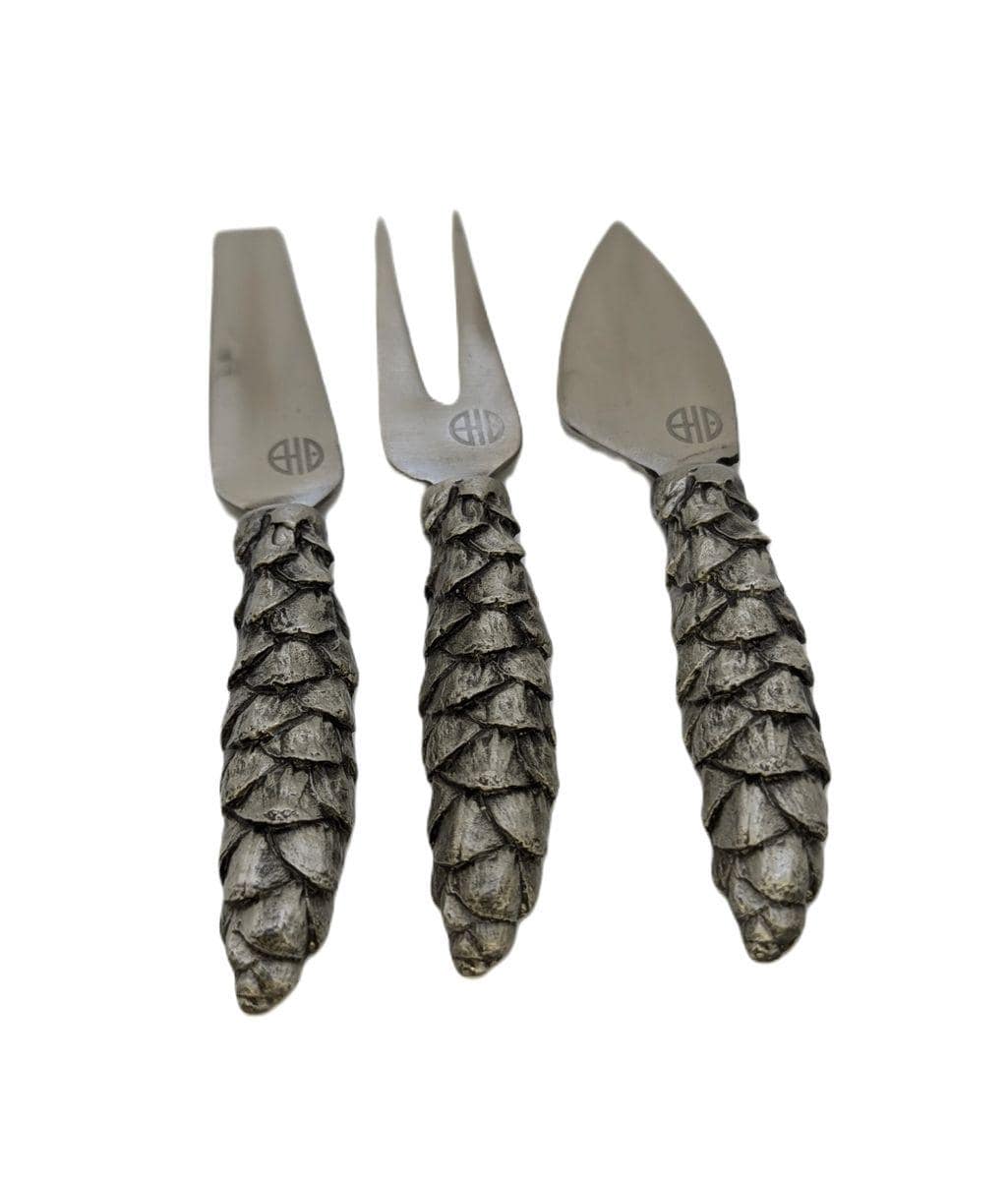 Pinecone Cheese Knife Fork and Spreader Set, Handcrafted Pewter, Nature Inspired Gift