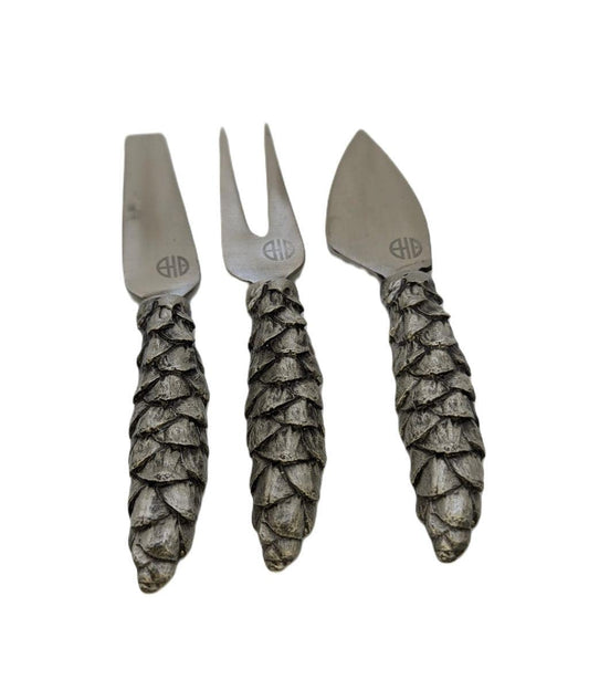 Pinecone Cheese Knife Fork and Spreader Set, Handcrafted Pewter, Nature Inspired Gift