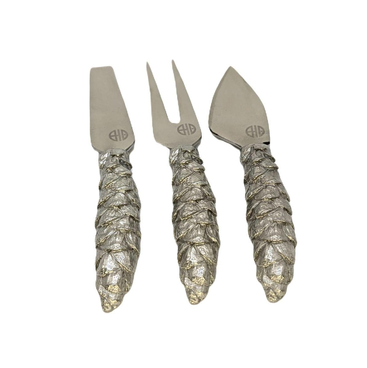 Pinecone Cheese Knife Fork and Spreader Set, Handcrafted Pewter, Nature Inspired Gift