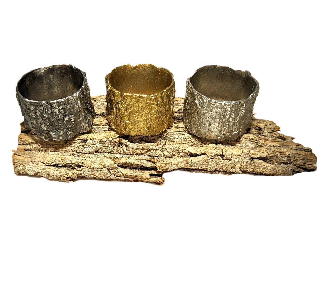 Maple Bark Realistic Pewter Napkin Ring, Set of 4, Inspired by Nature, Handmade Table Decor