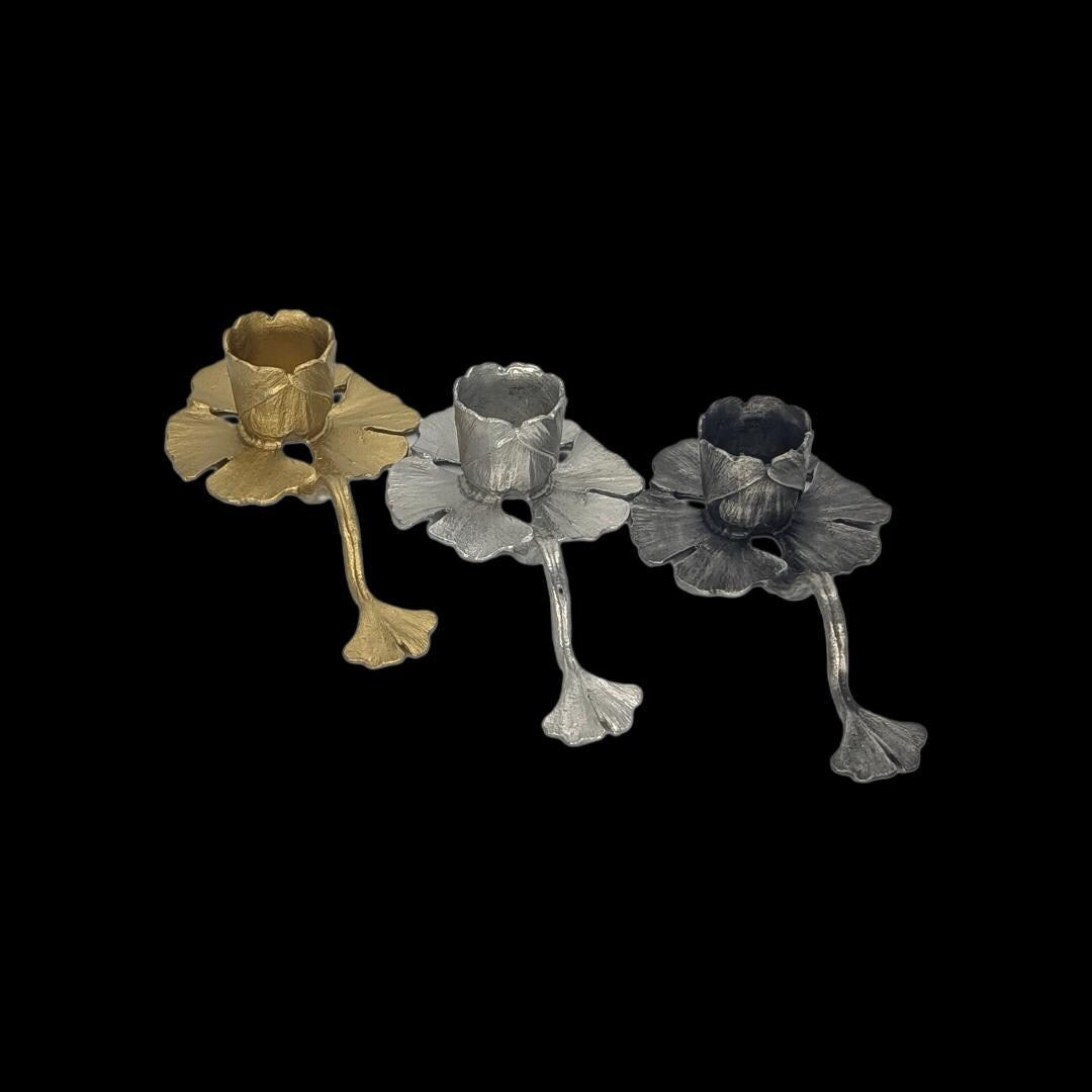 Handmade Ginkgo Stylish Minimalist Pewter Taper Candle Holder, Inspired by Nature, Decor