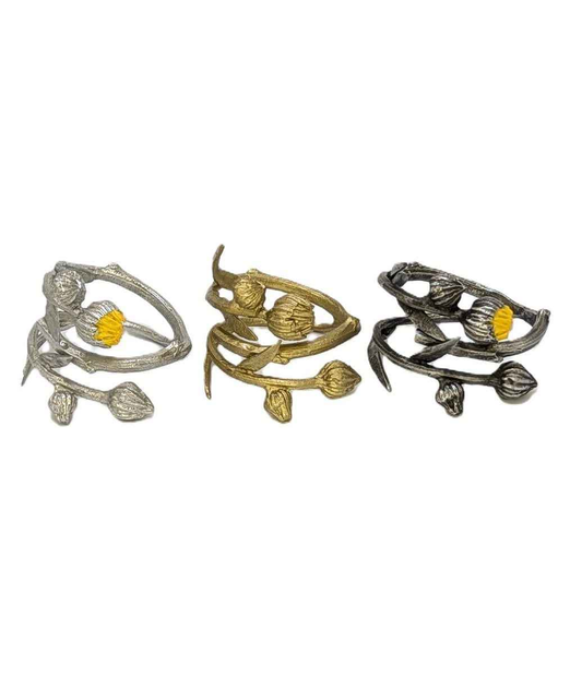 Handmade Calendula Adjustable Pewter Napkin, Ring Set of 4, Inspired by Nature, Table Decor