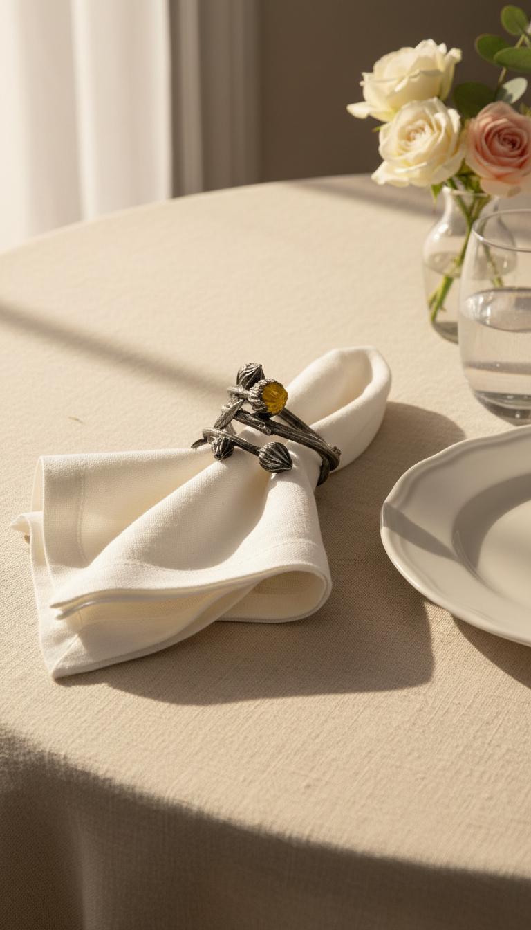 Handmade Calendula Adjustable Pewter Napkin, Ring Set of 4, Inspired by Nature, Table Decor