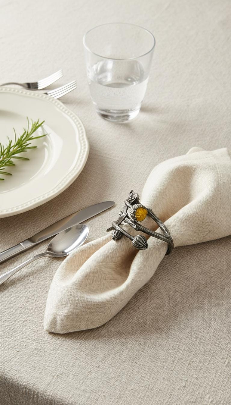 Handmade Calendula Adjustable Pewter Napkin, Ring Set of 4, Inspired by Nature, Table Decor