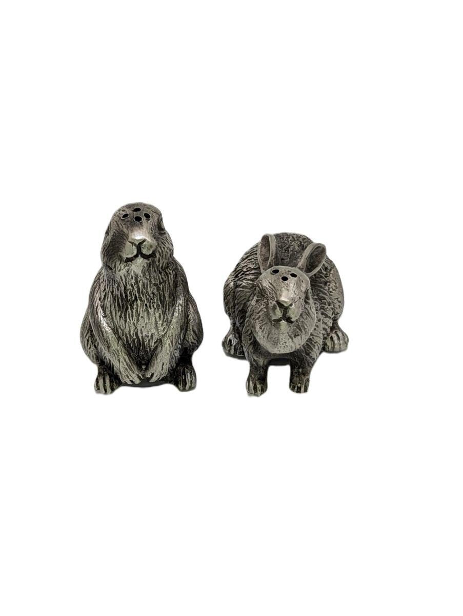 Rabbits Couple Miniature Pewter Salt & Pepper Shakers Set, Handmade Table Decor