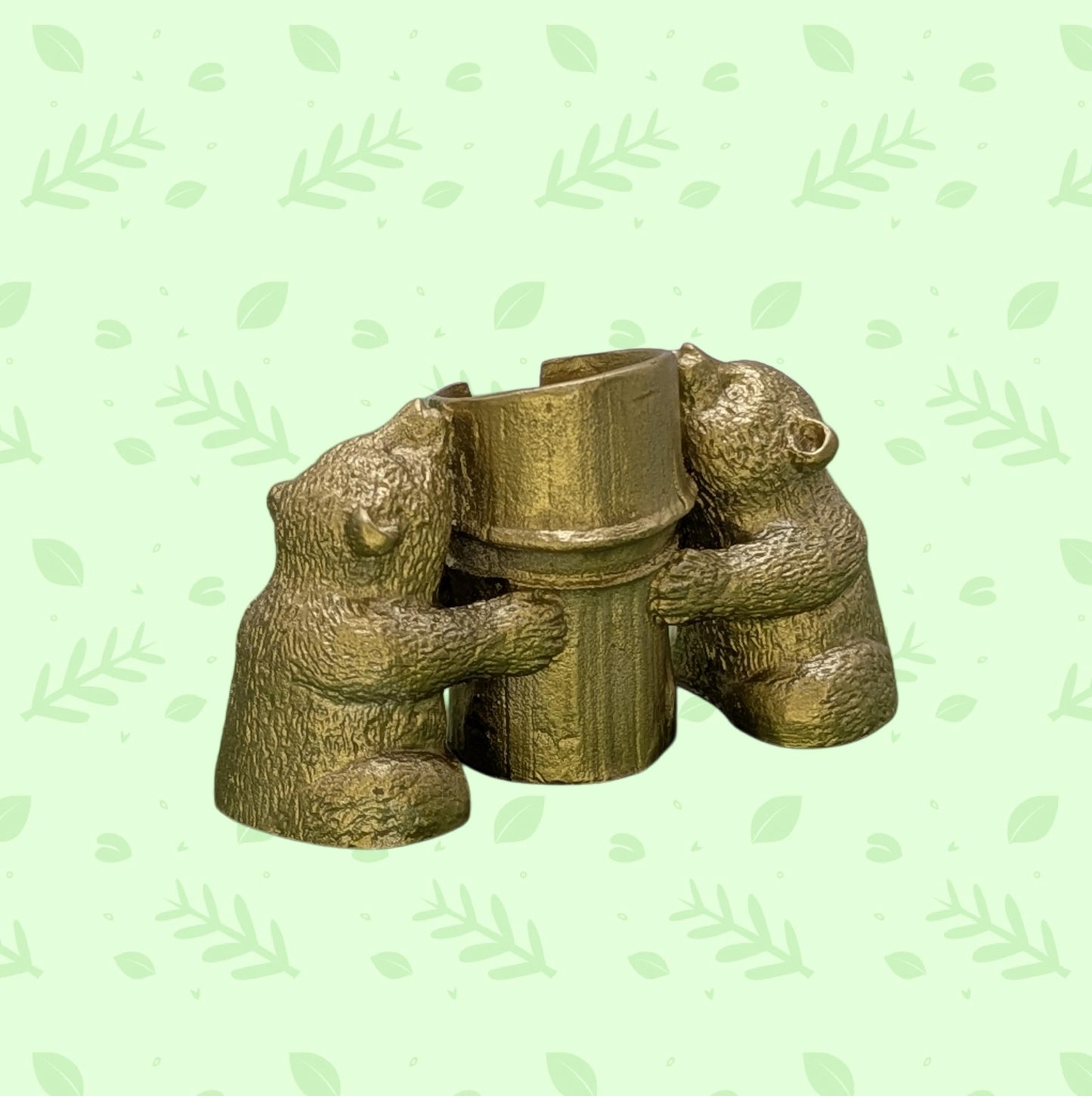 Handmade Minimalist Bamboo Pandas Pewter Taper Candle Holder, Decor Collectible