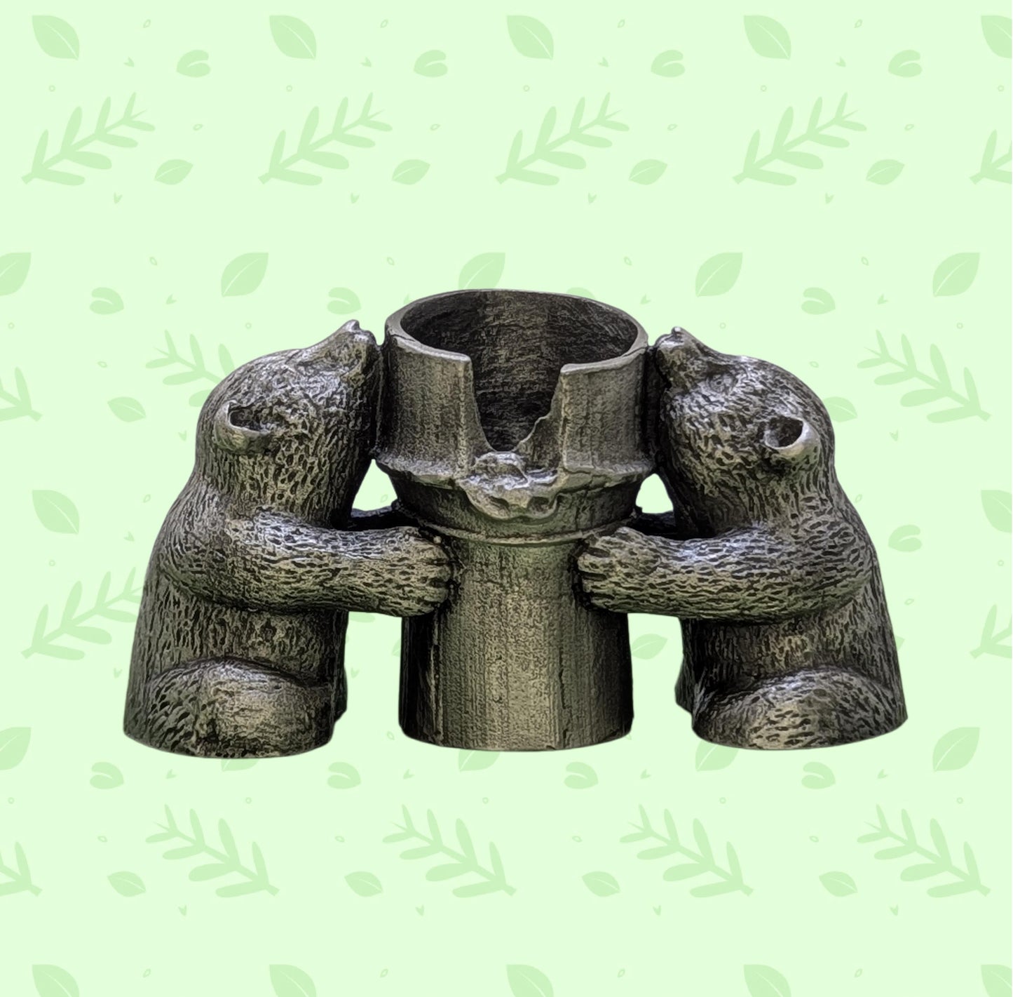 Handmade Minimalist Bamboo Pandas Pewter Taper Candle Holder, Decor Collectible